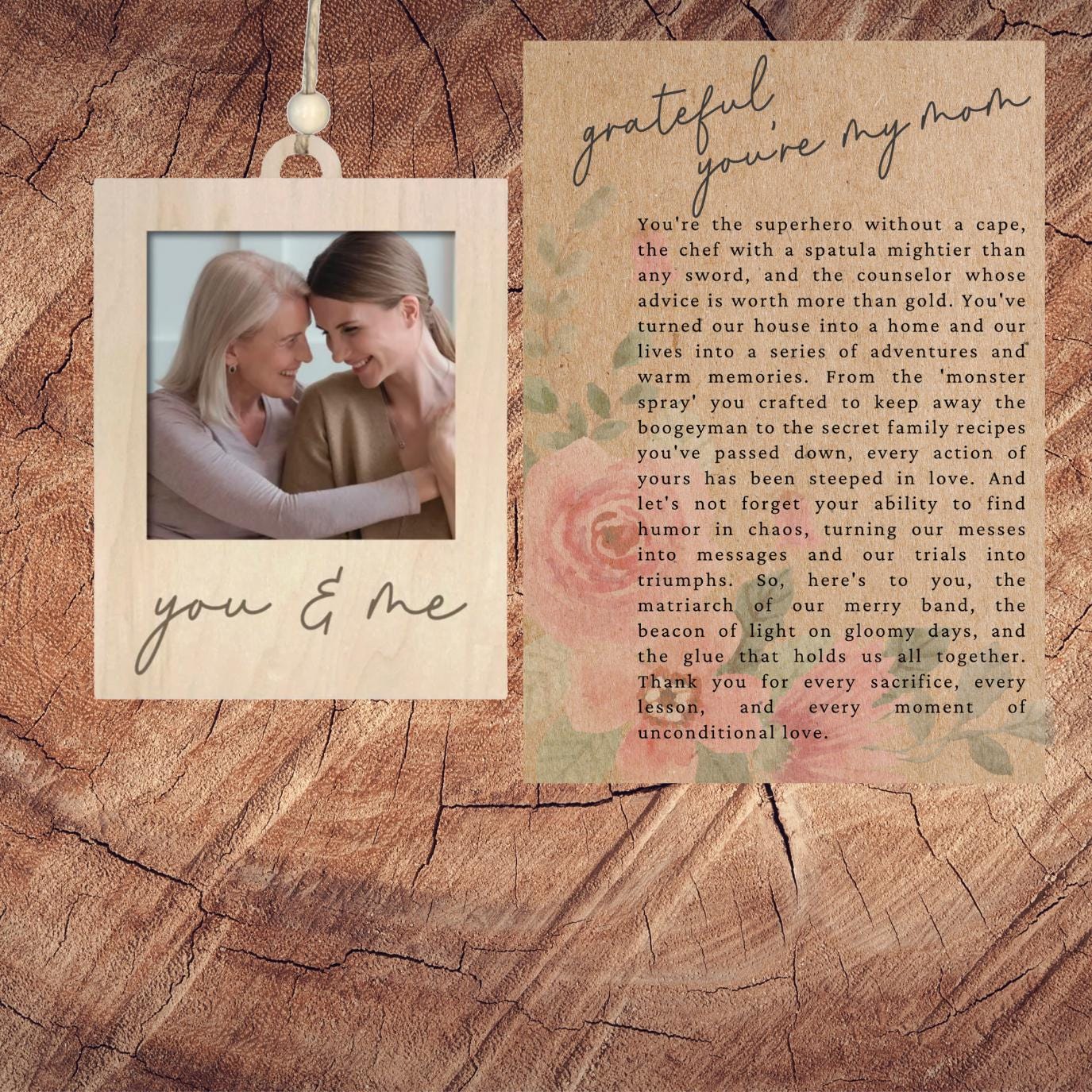 Mom Photo Frame Story Ornament| Grateful You're My Mom| Inspirational Keepsake| Unique Holiday Decoration| Car Charm