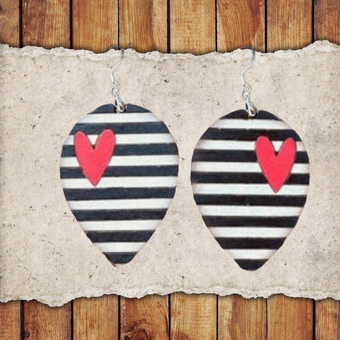 Valentine Stripe Hearts Dangle Earring Set | Valentine's Day Hand-Painted Lightweight Wooden Earrings| Love-Themed Jewelry Gift for Her