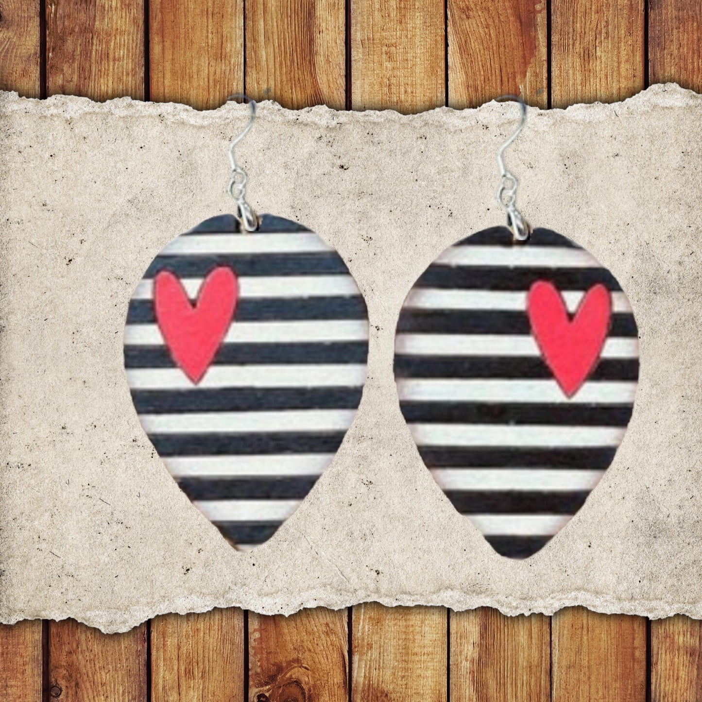 Valentine Stripe Hearts Dangle Earring Set | Valentine's Day Hand-Painted Lightweight Wooden Earrings| Love-Themed Jewelry Gift for Her