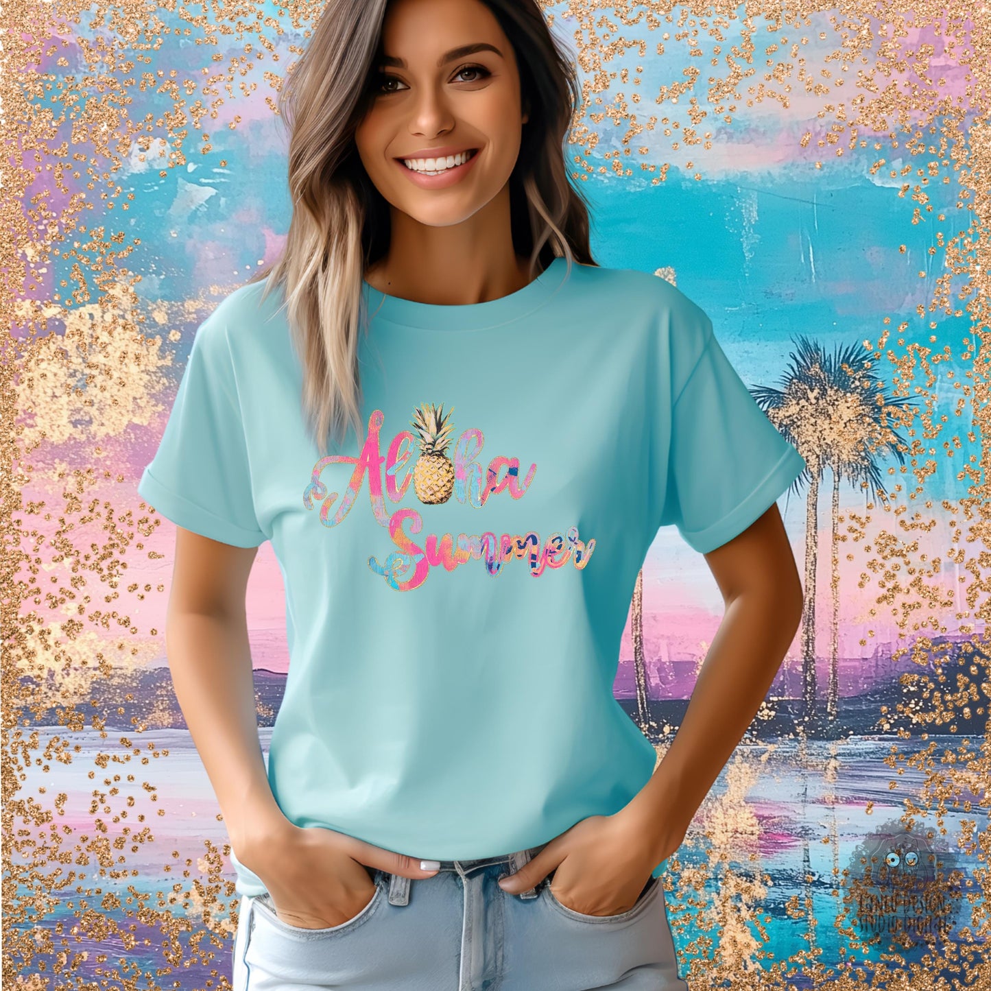 Vibrant Tropical Pineapple Aloha Summer PNG |300 DPI Sublimation& DTF Printable Digital Download| Women's Kid Shirt