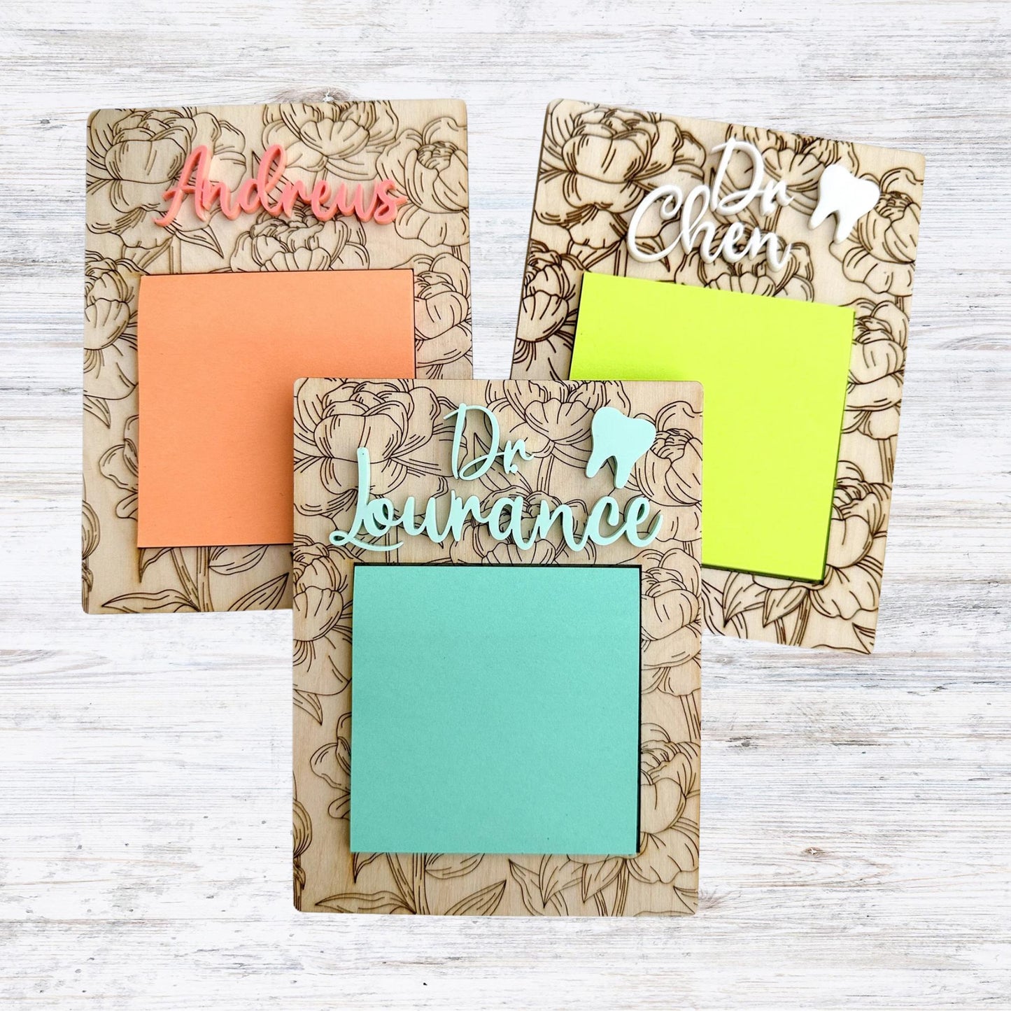 Floral Engraved Wooden Sticky Note Holder | Note Pad Holder | Office Gift| Desk Accessory| Teacher Gift| Dental Office| Corporate Gift| Nurse|Medical