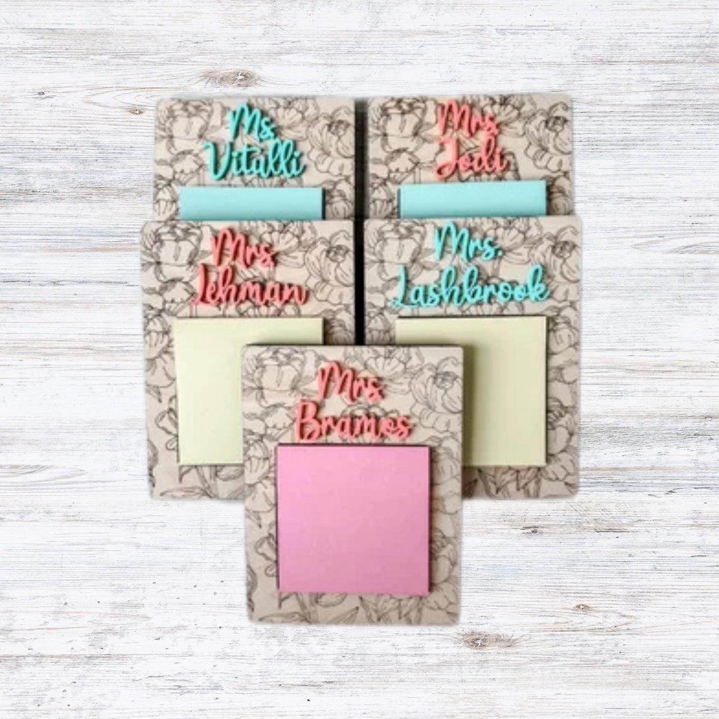 Floral Engraved Wooden Sticky Note Holder | Note Pad Holder | Office Gift| Desk Accessory| Teacher Gift| Dental Office| Corporate Gift| Nurse|Medical