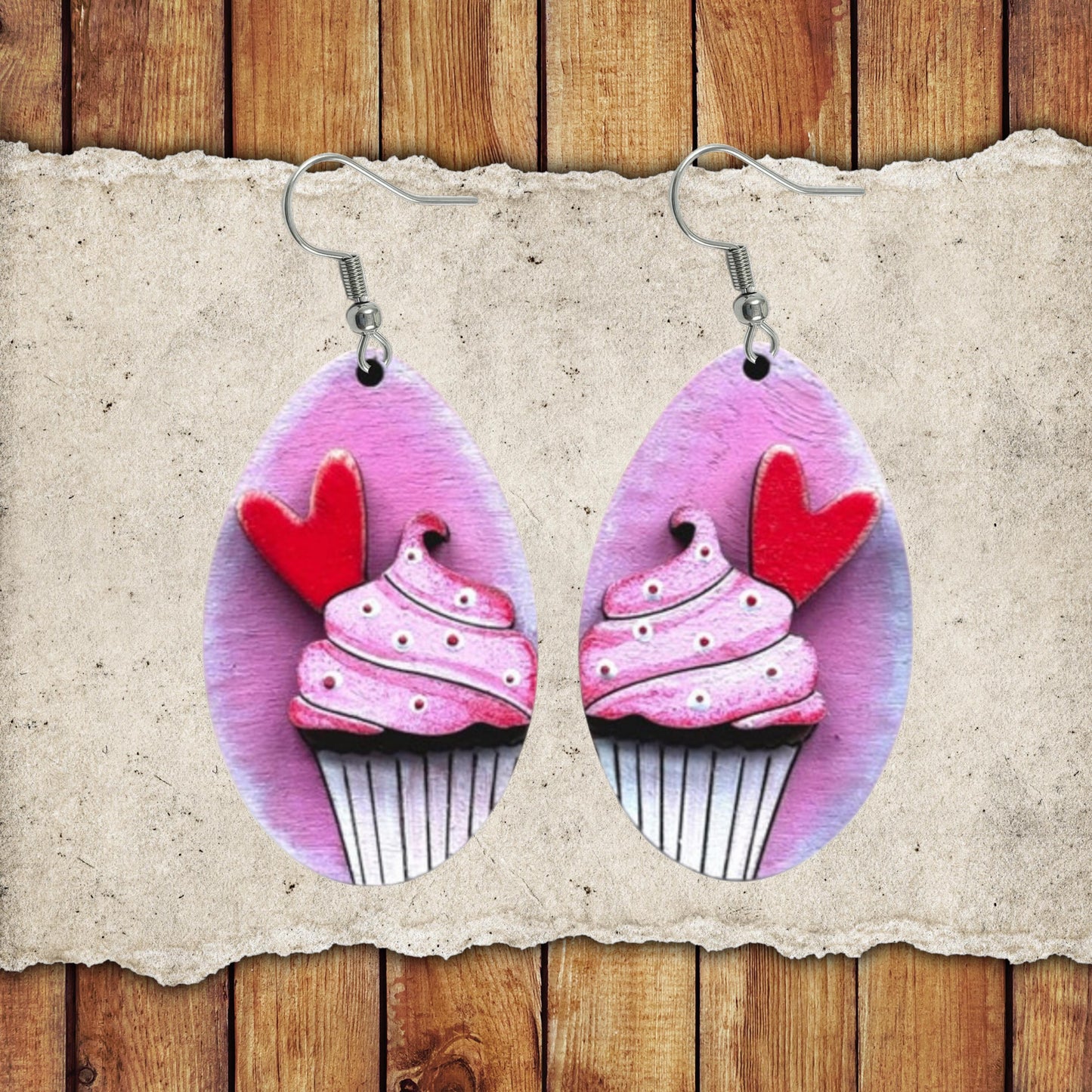 Valentine Cupcake Dangle Earring Set | Valentine's Day Hand-Painted Lightweight Wooden Earrings| Love-Themed Jewelry Gift for Her