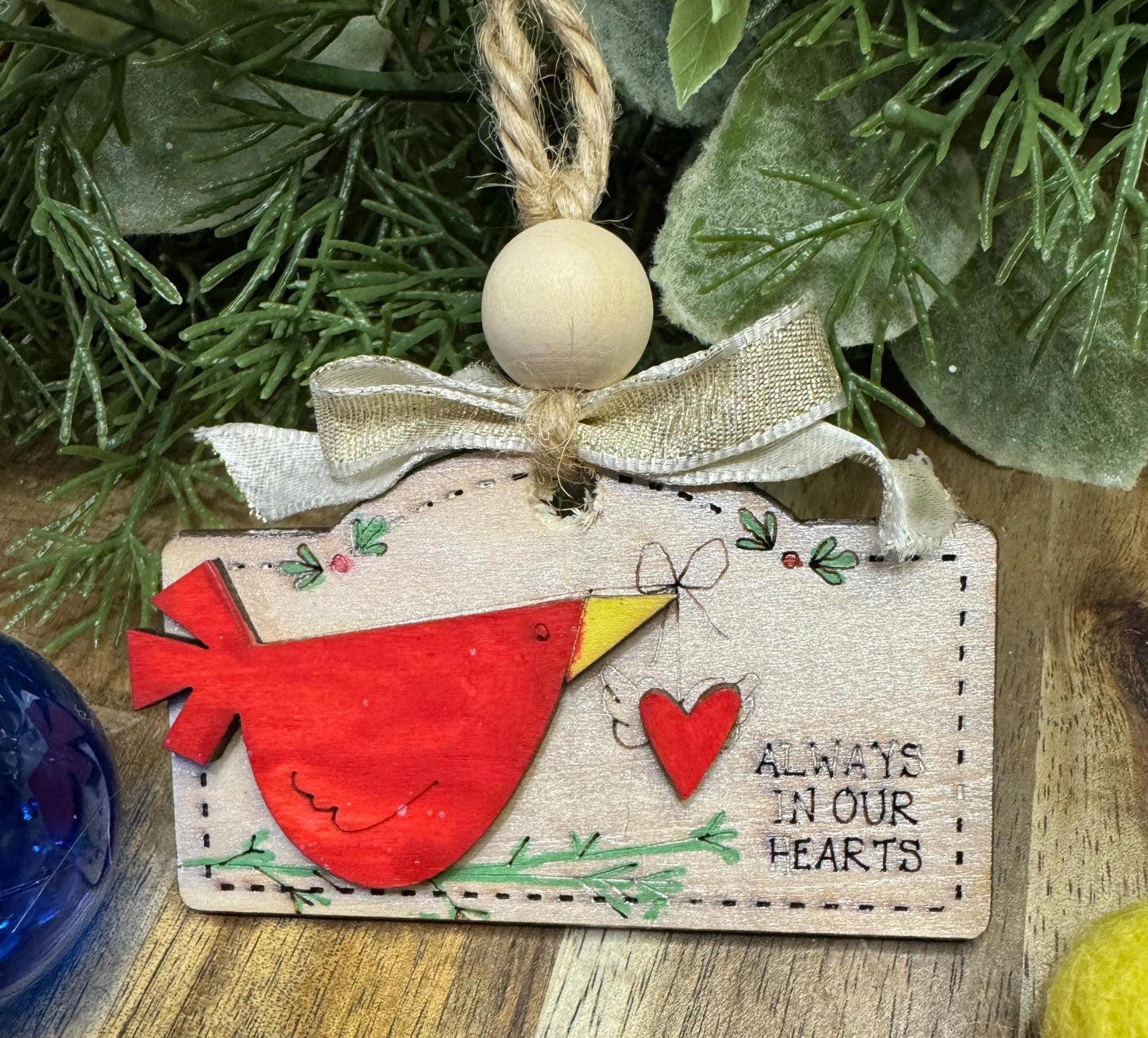 Hand painted Cardinal Always in our hearts Layered Ornament| Family Gift | Christmas Ornaments | Handmade Christmas Gifts | Custom