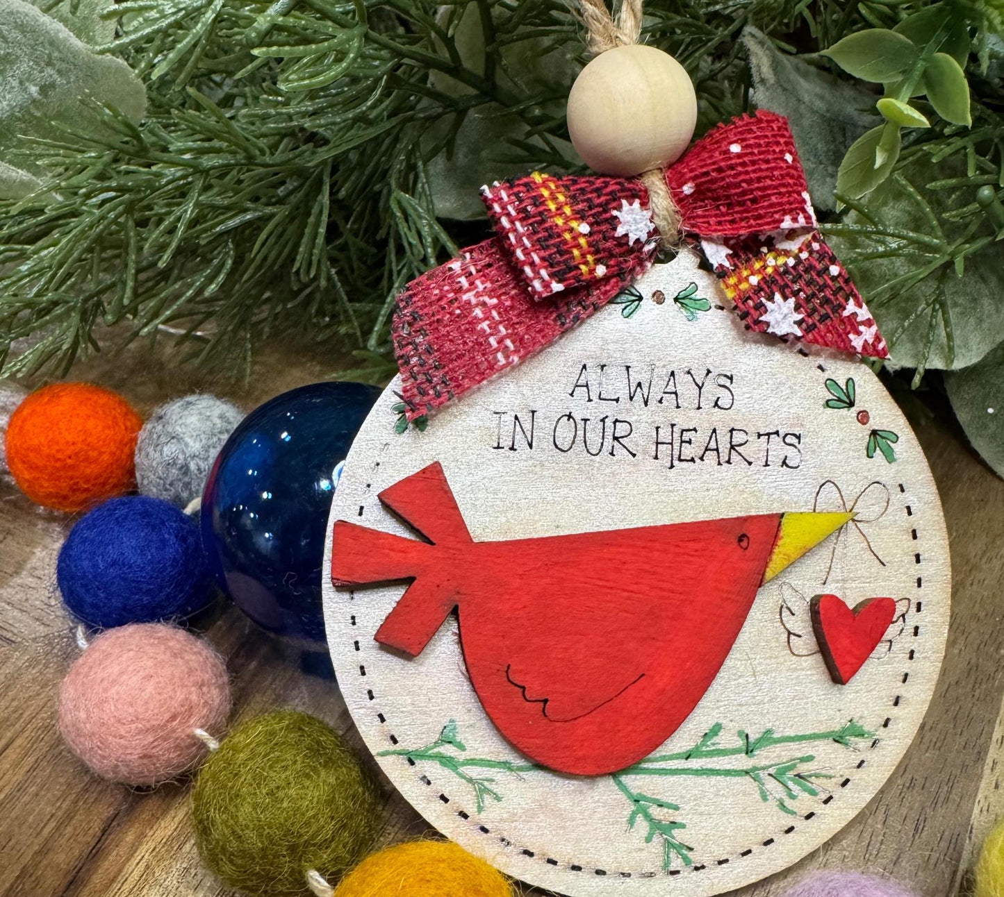 Hand painted Cardinal Always in our hearts Layered Ornament| Family Gift | Christmas Ornaments | Handmade Christmas Gifts | Custom