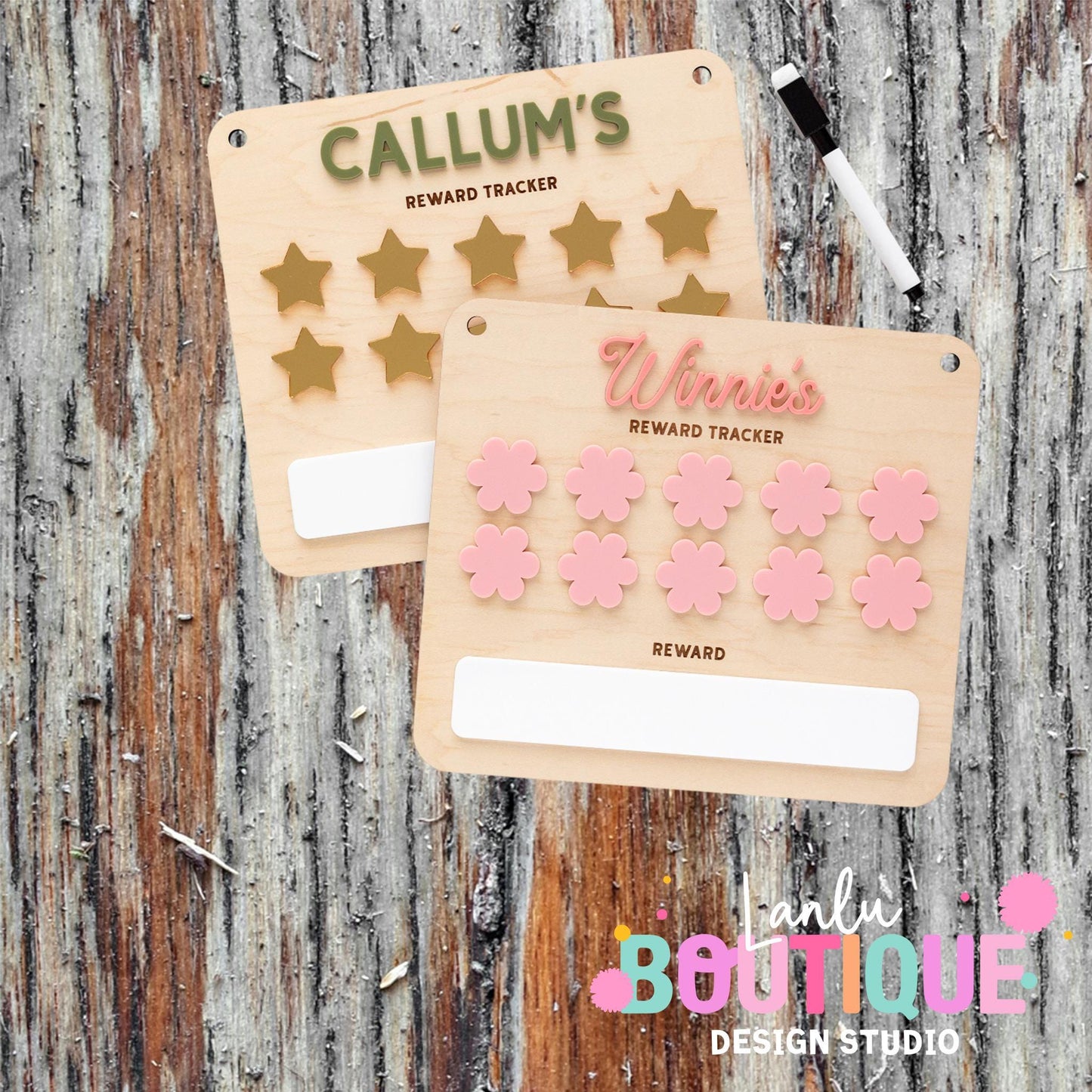 Personalized Wooden Reward Chart for Kids - Incentive Star or Flower Tracker - Custom Name Motivation Board
