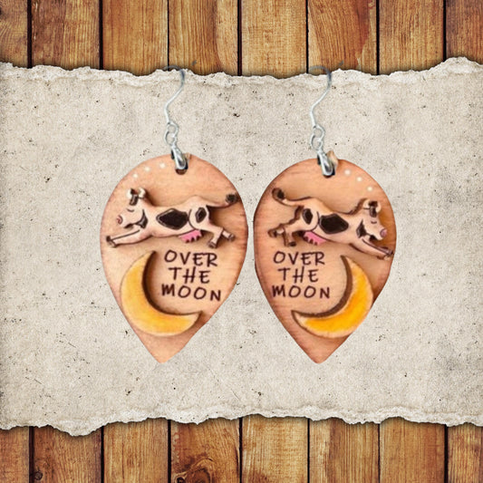 Valentine Over the Moon Dangle Earring Set | Valentine's Day Hand-Painted Lightweight Wooden Earrings| Love-Themed Jewelry Gift for Her