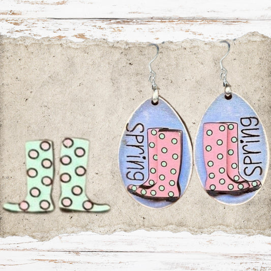 Spring Rainboots Stud or Dangle Earring Set | Hand-Painted Lightweight Earrings| Spring Earring | Wood Earrings