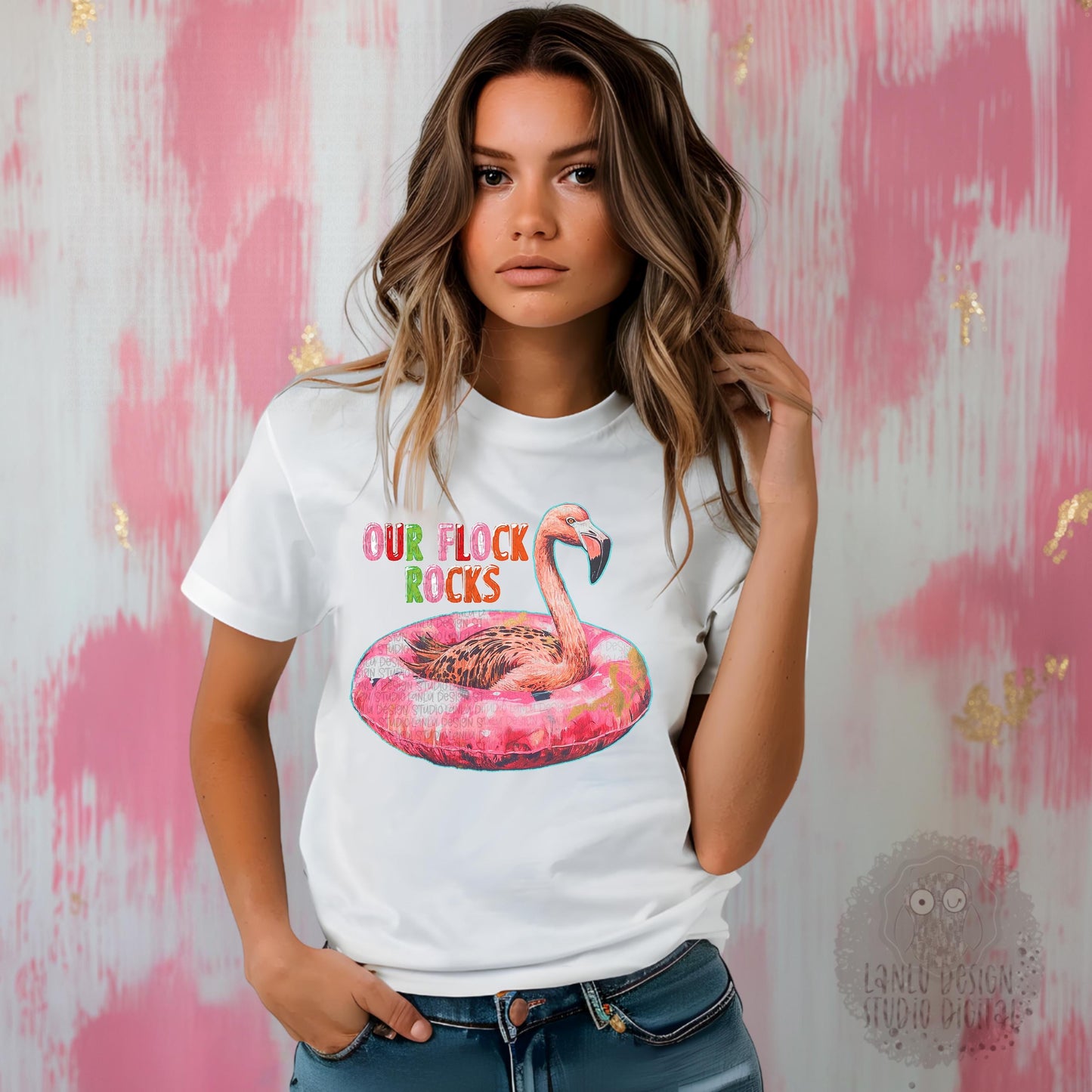 Our Flock Rocks Vibrant Flamingo Digital Art |Printable PNG for T-Shirts, Mugs | 300 DPI Sublimation& DTF Printable Digital Download|