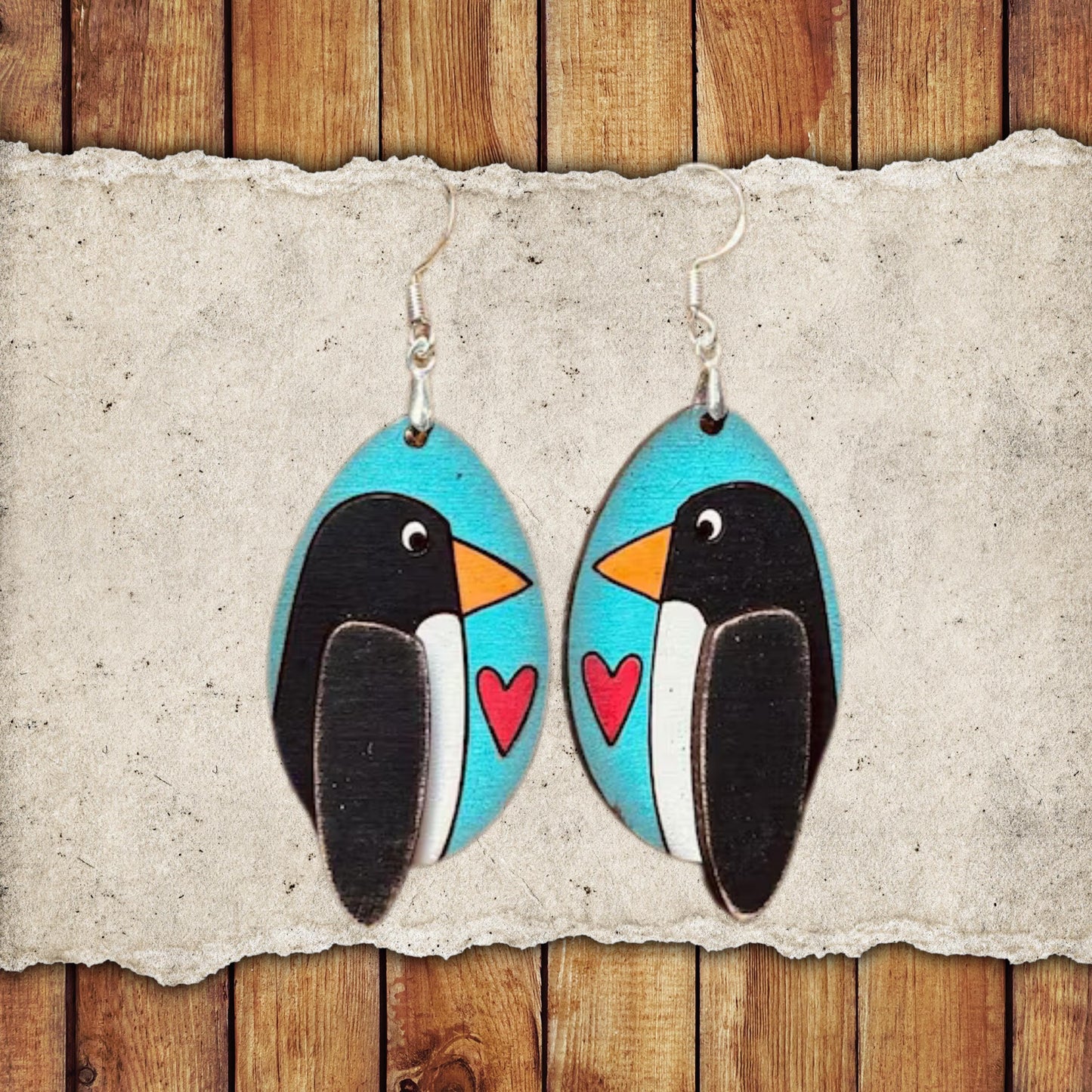 Valentine Penguin Dangle Earring Set | Valentine's Day Hand-Painted Lightweight Wooden Earrings| Love-Themed Jewelry Gift for Her