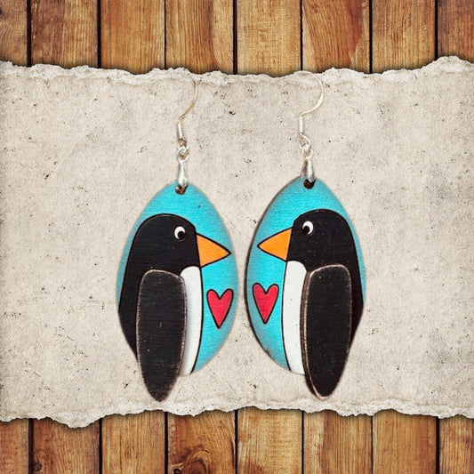 Valentine Penguin Dangle Earring Set | Valentine's Day Hand-Painted Lightweight Wooden Earrings| Love-Themed Jewelry Gift for Her