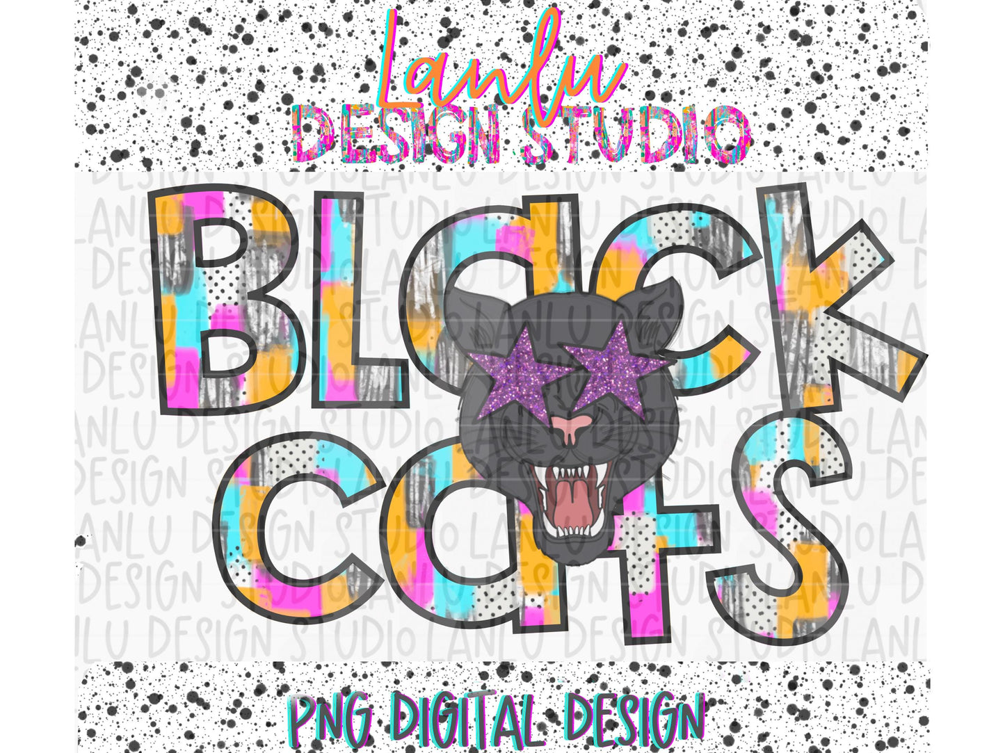 Preppy Paint Stroke Star Eyes Mascot PNG | Black Cats