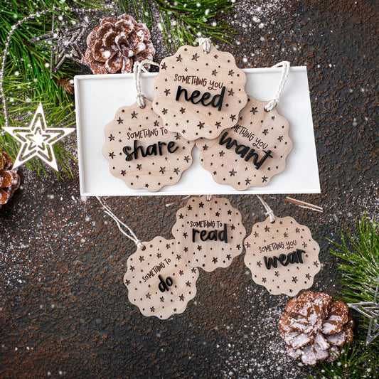 Share, Need, Want, Do, Read, Wear Gift Tags Christmas Ornament| Christmas Ornaments | Handmade Christmas Gifts | Custom