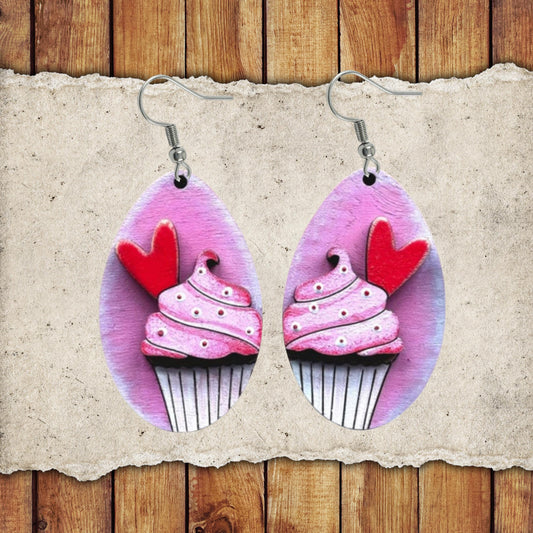 Valentine Cupcake Dangle Earring Set | Valentine's Day Hand-Painted Lightweight Wooden Earrings| Love-Themed Jewelry Gift for Her