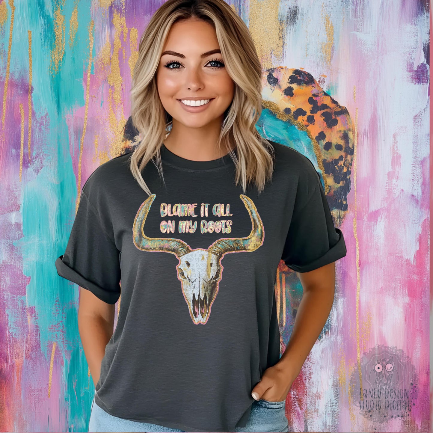Blame it all on my Roots Rustic Bighorn Skull Art | Digital PNG Download| |300 DPI Sublimation& DTF Printable Digital Download|