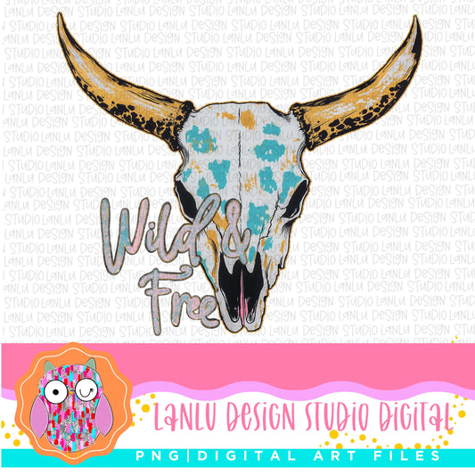 Wild and Free Boho Bull Skull Watercolor Art Print | Instant Download Digital Wall Decor| Sublimation& DTF Printable Digital Download|