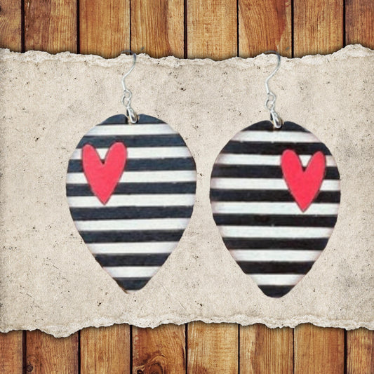 Valentine Stripe Hearts Dangle Earring Set | Valentine's Day Hand-Painted Lightweight Wooden Earrings| Love-Themed Jewelry Gift for Her