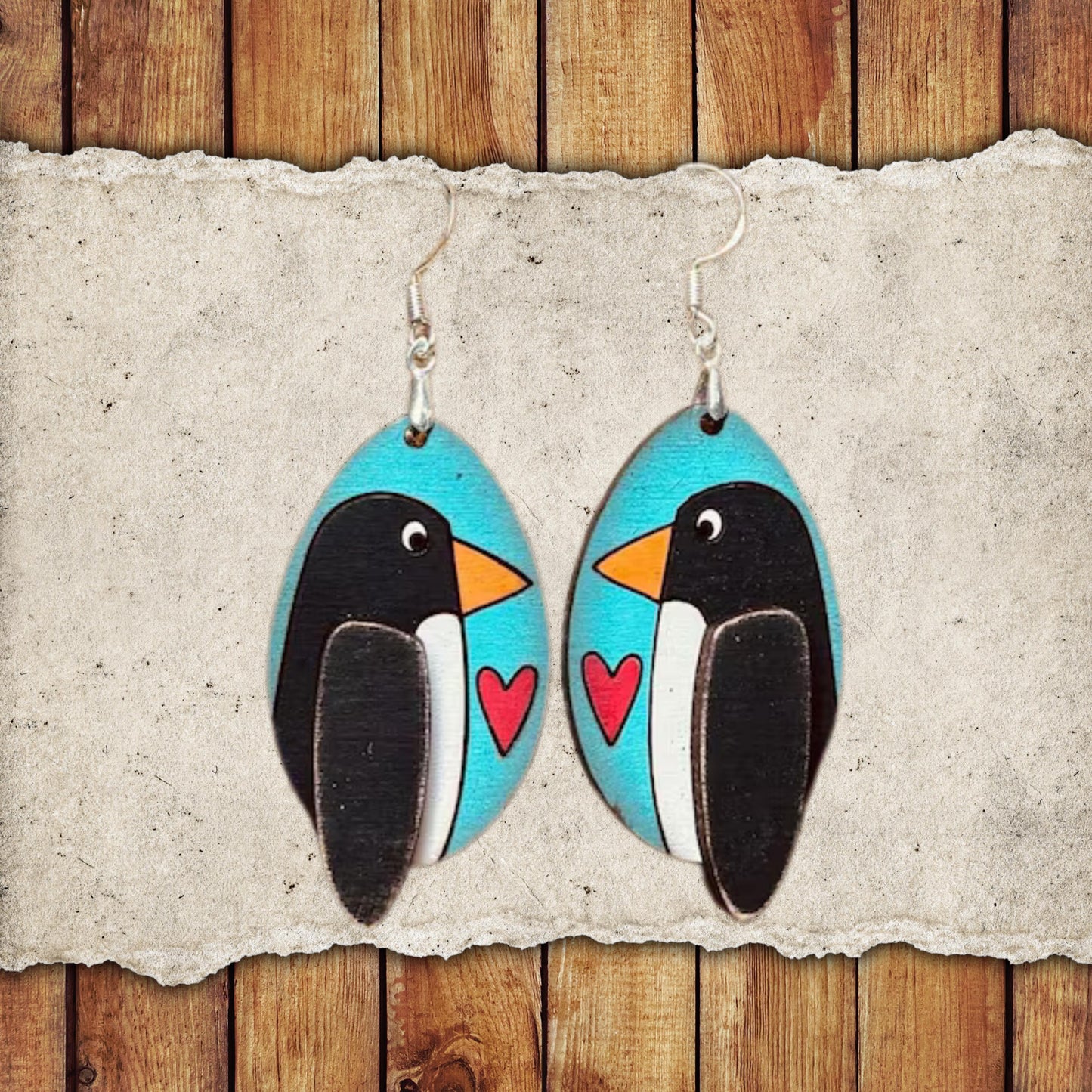 Valentine Penguin Dangle Earring Set | Valentine's Day Hand-Painted Lightweight Wooden Earrings| Love-Themed Jewelry Gift for Her