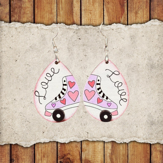 Valentine Love Skates Dangle Earring Set | Valentine's Day Hand-Painted Lightweight Wooden Earrings| Love-Themed Jewelry Gift for Her