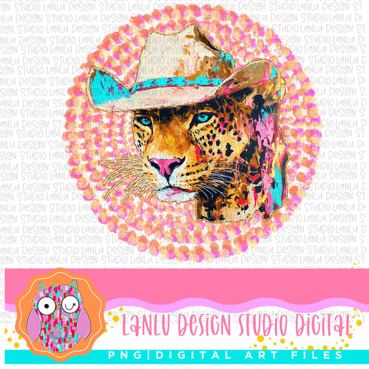 Vibrant Leopard Cowboy Digital Art | Wild West Leopard Art Print | Boho Animal Wall Decor| Sublimation& DTF Printable Digital Download|