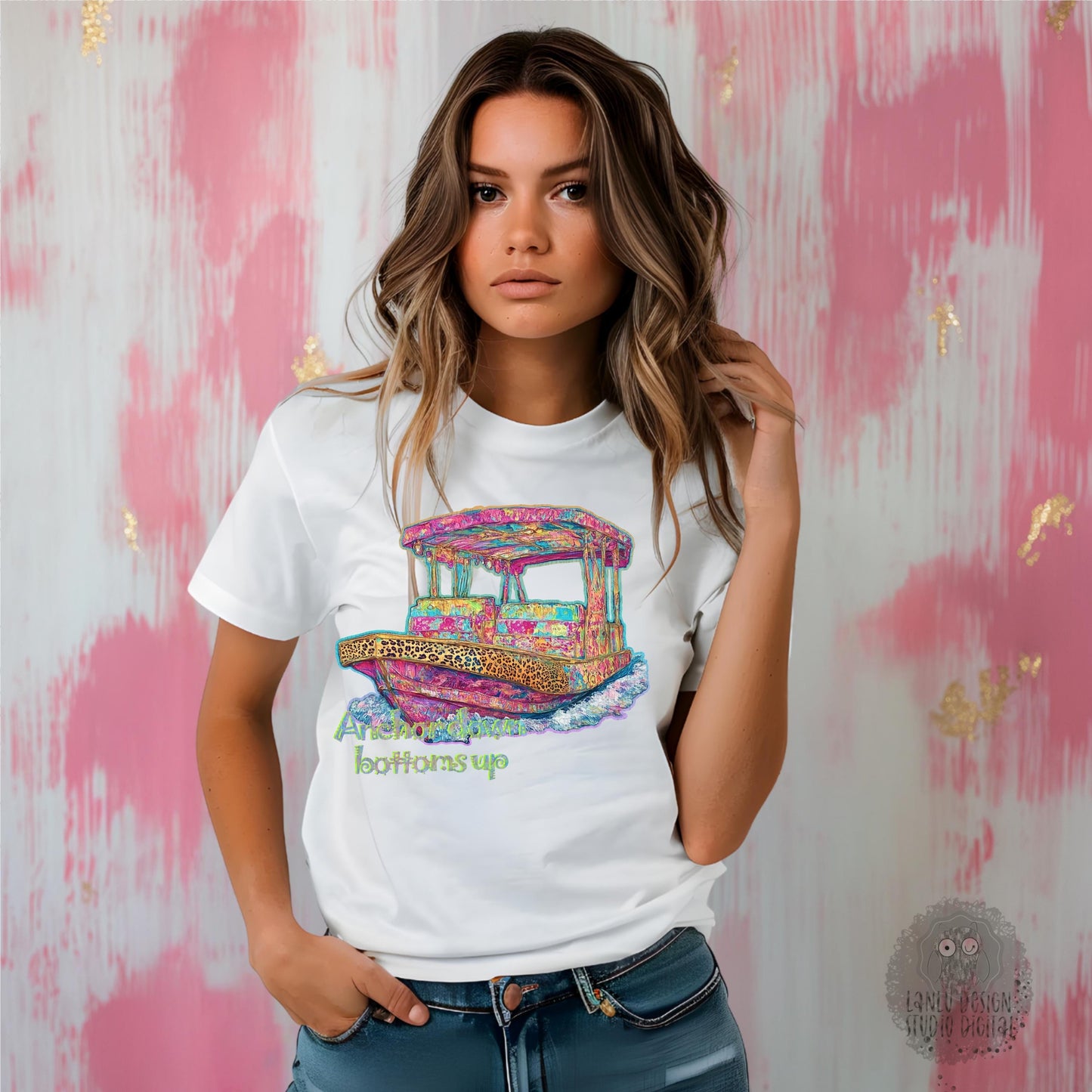 Vibrant Yacht PNG Design | Anchors Down Bottoms Up | Nautical Digital Art for Crafting|