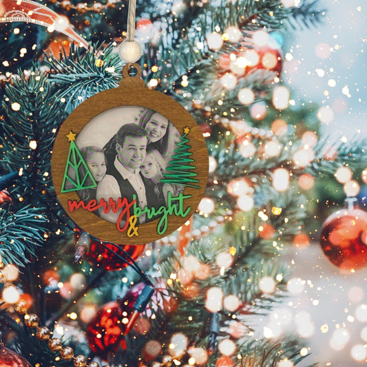 Hand painted Merry & Bright Layered Christmas Photo Ornament| Christmas Ornaments | Handmade Christmas Gifts | Custom