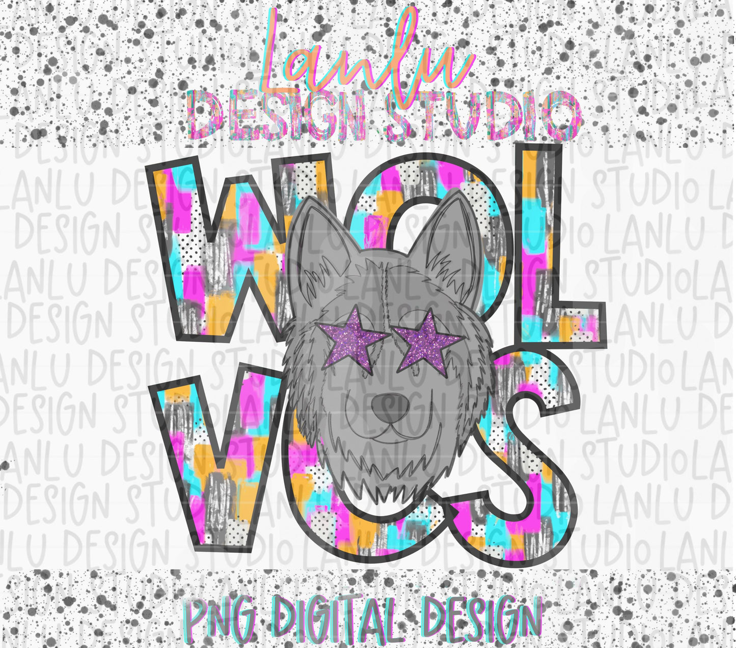 Preppy Paint Stroke Star Eyes Mascot PNG | Wolves