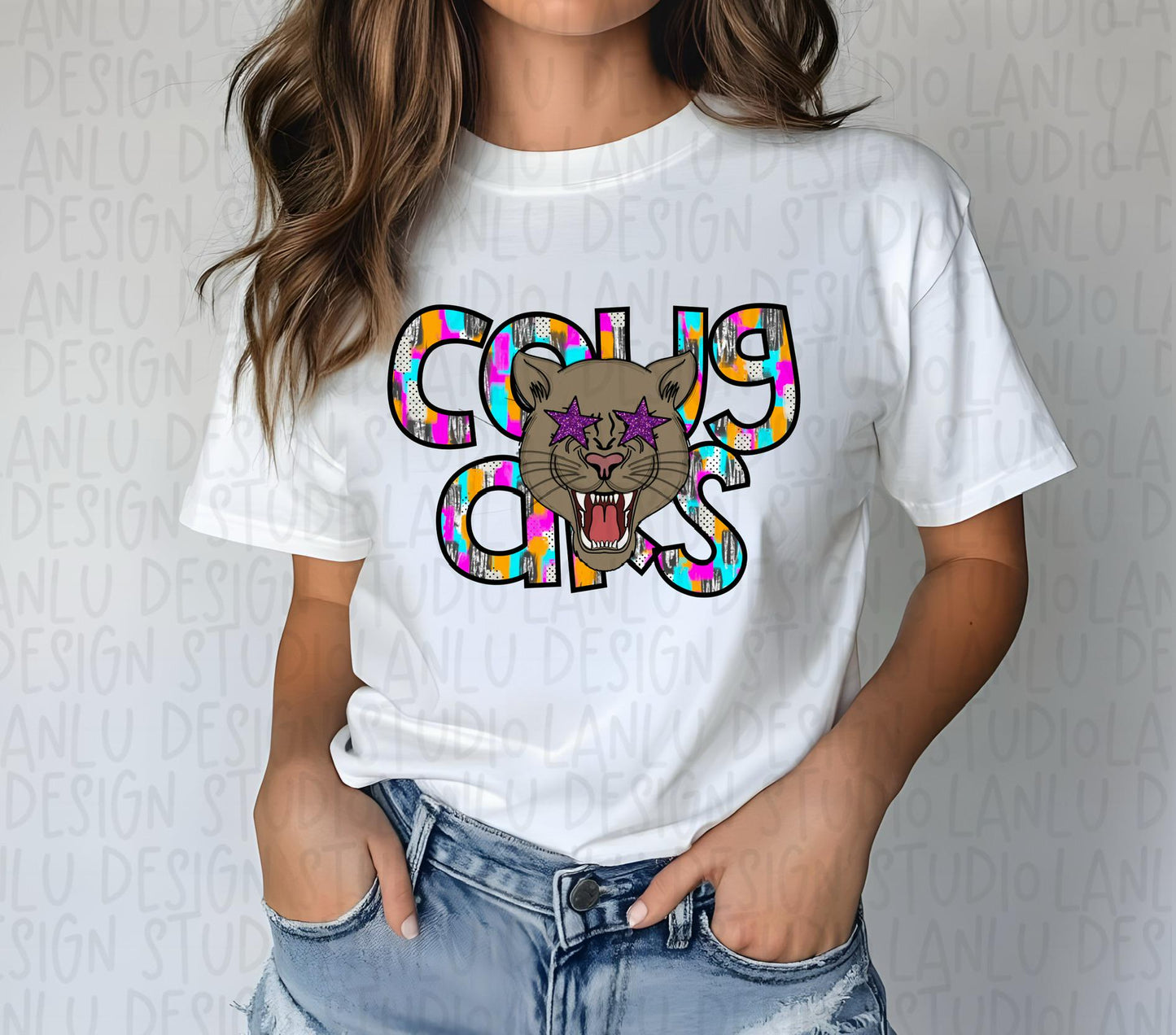 Preppy Paint Stroke Star Eyes Mascot PNG |Cougars