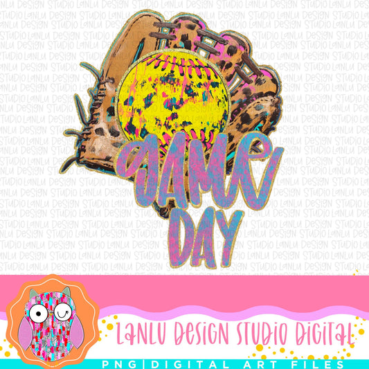 Vibrant Softball Game Day PNG with Ball and Glove | Sports Digital Art Download|300 DPI Sublimation& DTF Printable Digital Download|