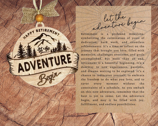 Story Card Retirement Ornament| Adventure Begins| Inspirational Keepsake| Funny Message Card| Congratulations Gift