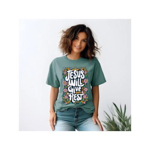 Jesus will give you the rest | Christian Graphics | Floral Christian Tee |