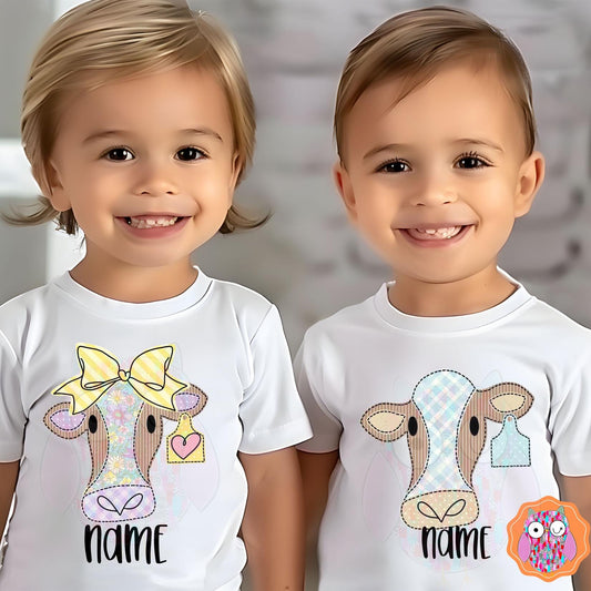 Kids Cow Name T-Shirt |Animal Tee |Tote & Travel Bag| Tea Towel| Hand Made Pillow|