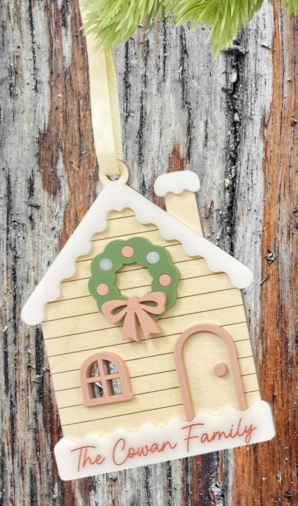 Christmas House Personalized Ornaments - Custom Family Name Holiday Decor - Rustic Wooden Holiday Keepsakes