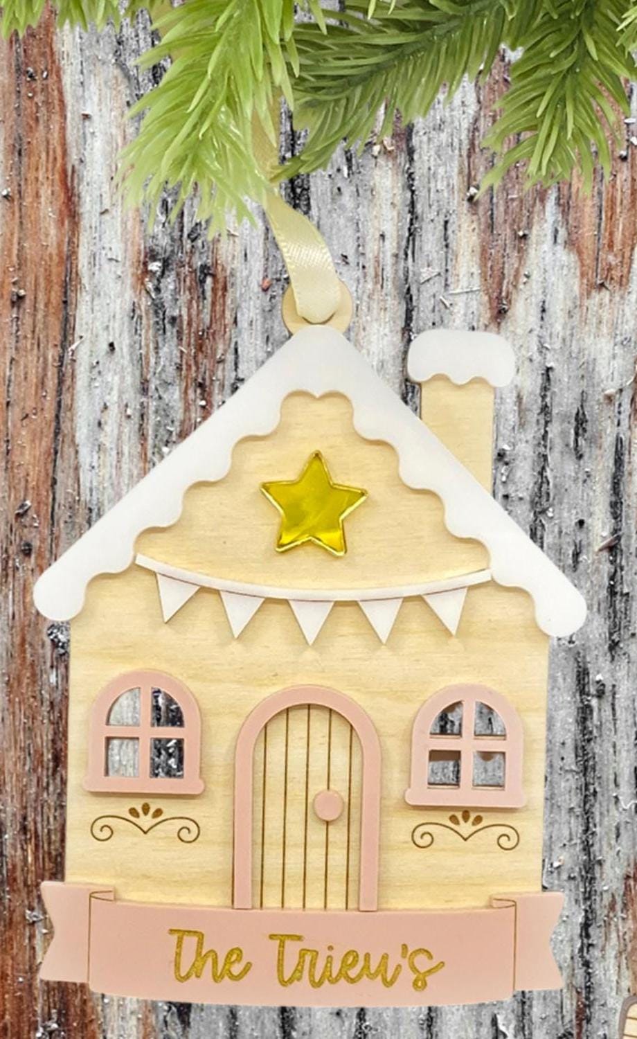 Christmas House Personalized Ornaments - Custom Family Name Holiday Decor - Rustic Wooden Holiday Keepsakes