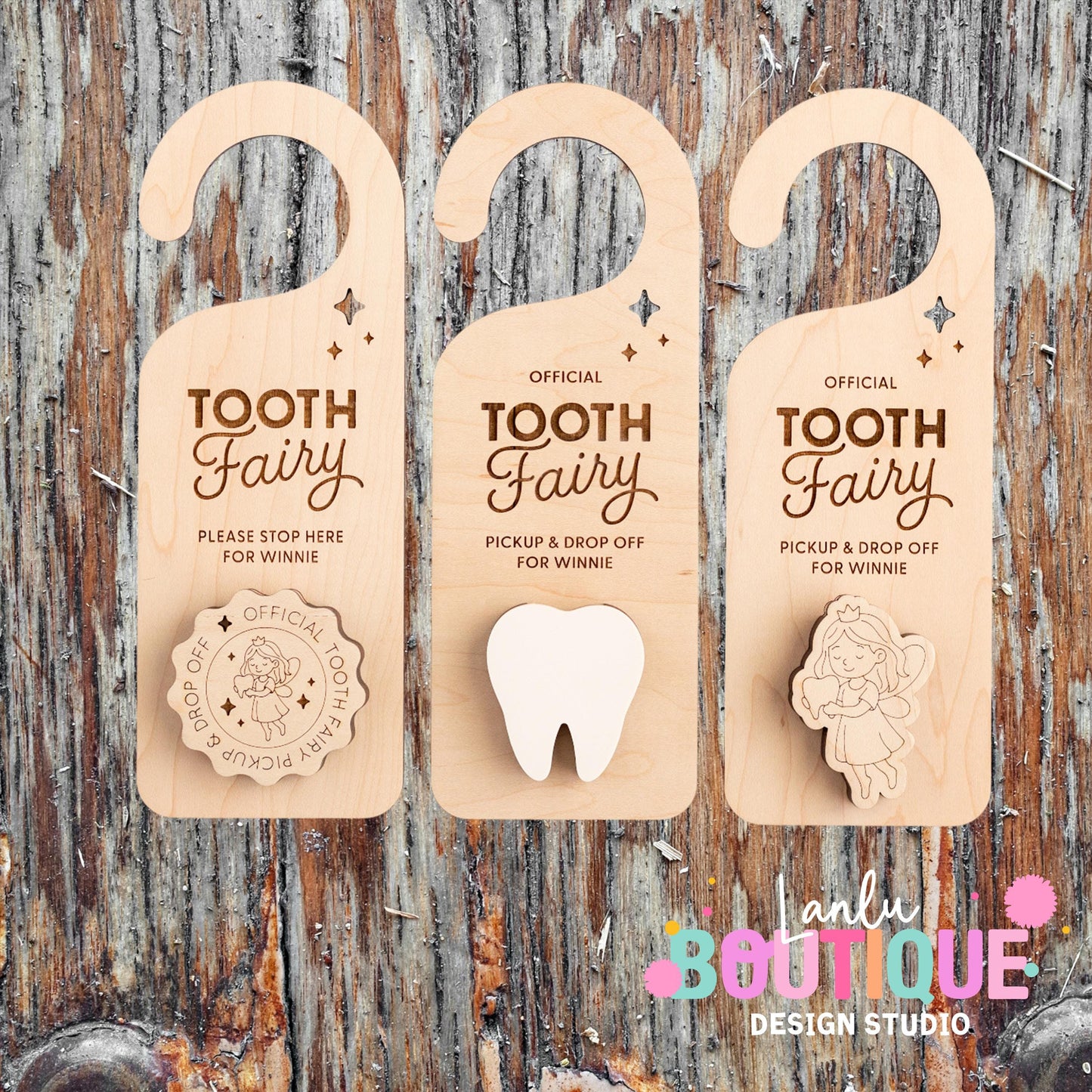 Wooden Tooth Fairy Door Hanger Set for Kids - Unique Tooth Pickup Station Sign