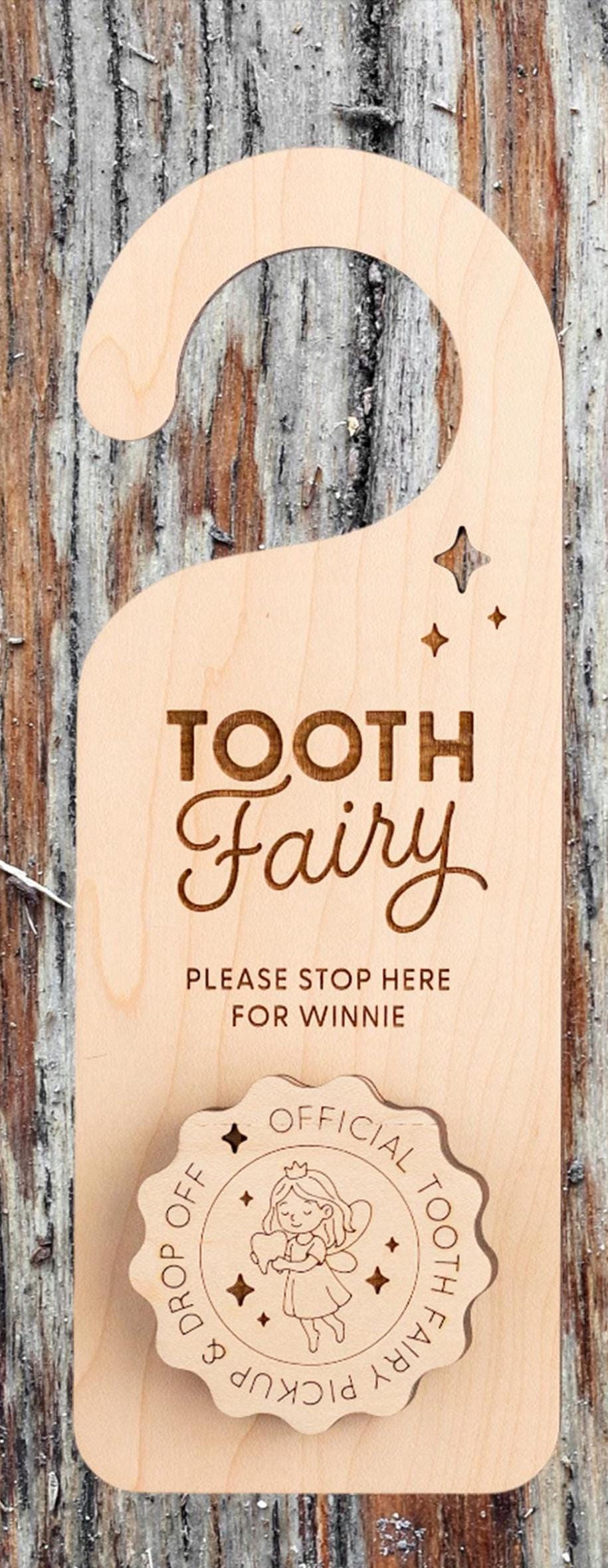 Wooden Tooth Fairy Door Hanger Set for Kids - Unique Tooth Pickup Station Sign