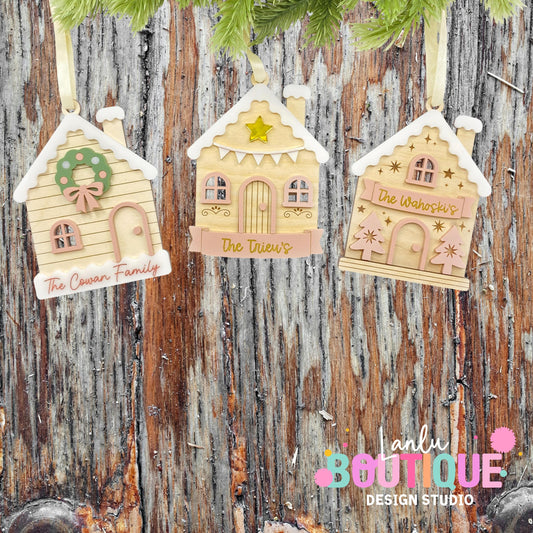 Christmas House Personalized Ornaments - Custom Family Name Holiday Decor - Rustic Wooden Holiday Keepsakes