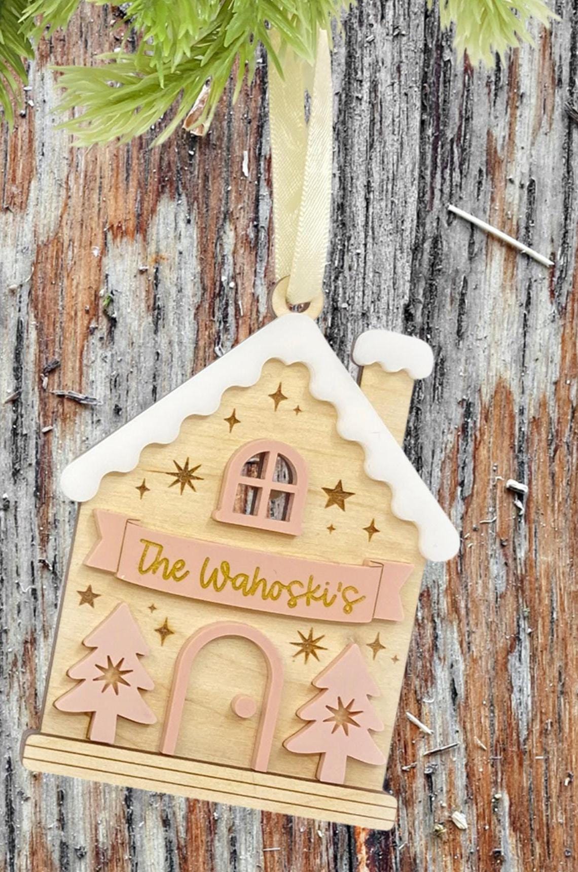 Christmas House Personalized Ornaments - Custom Family Name Holiday Decor - Rustic Wooden Holiday Keepsakes