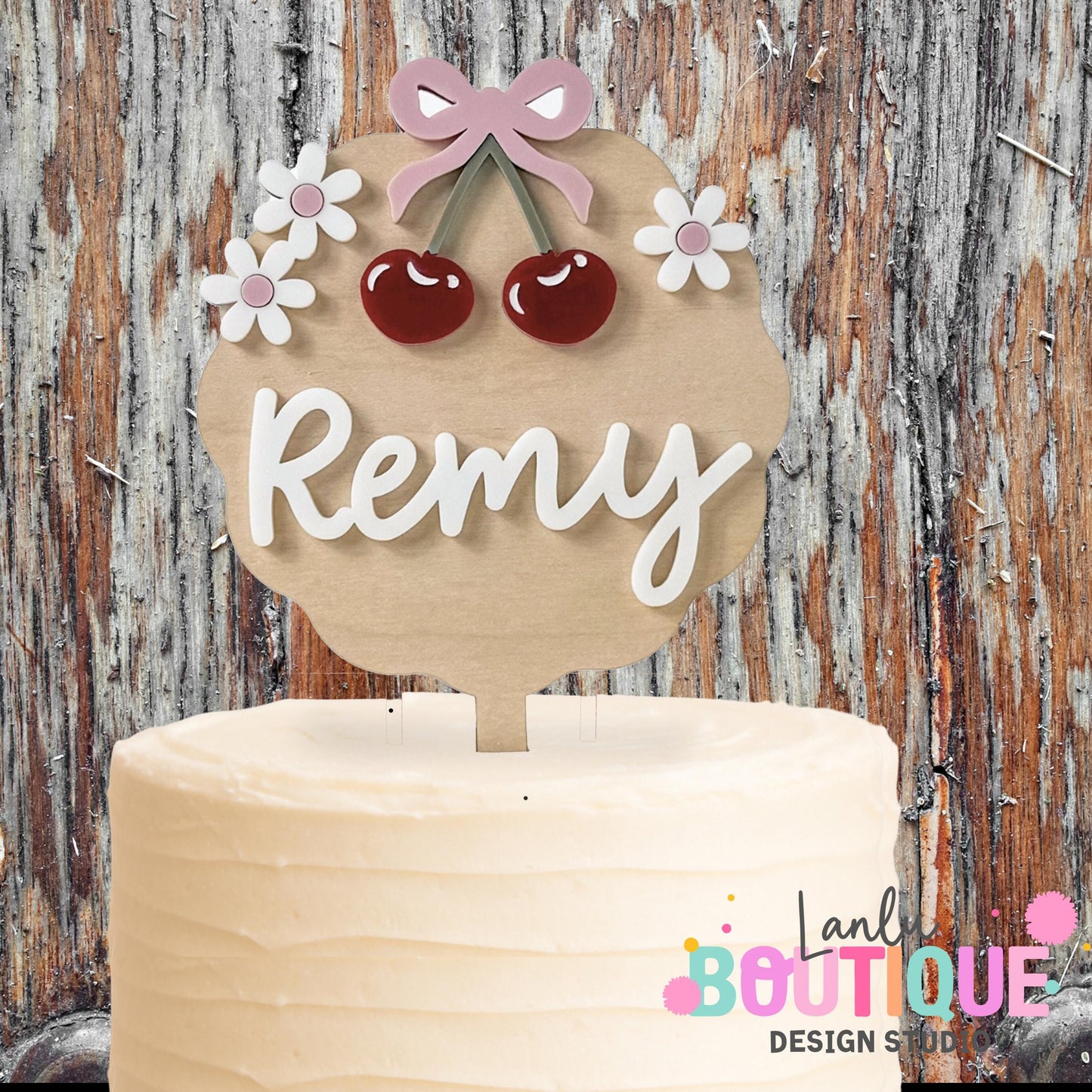 Cherry Cake Topper - Custom Birthday Decoration with Name and Flowers for Special Occasions
