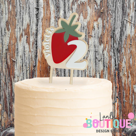 Personalized Strawberry Birthday Cake Topper - Custom Wood Decoration for Child's Special Day
