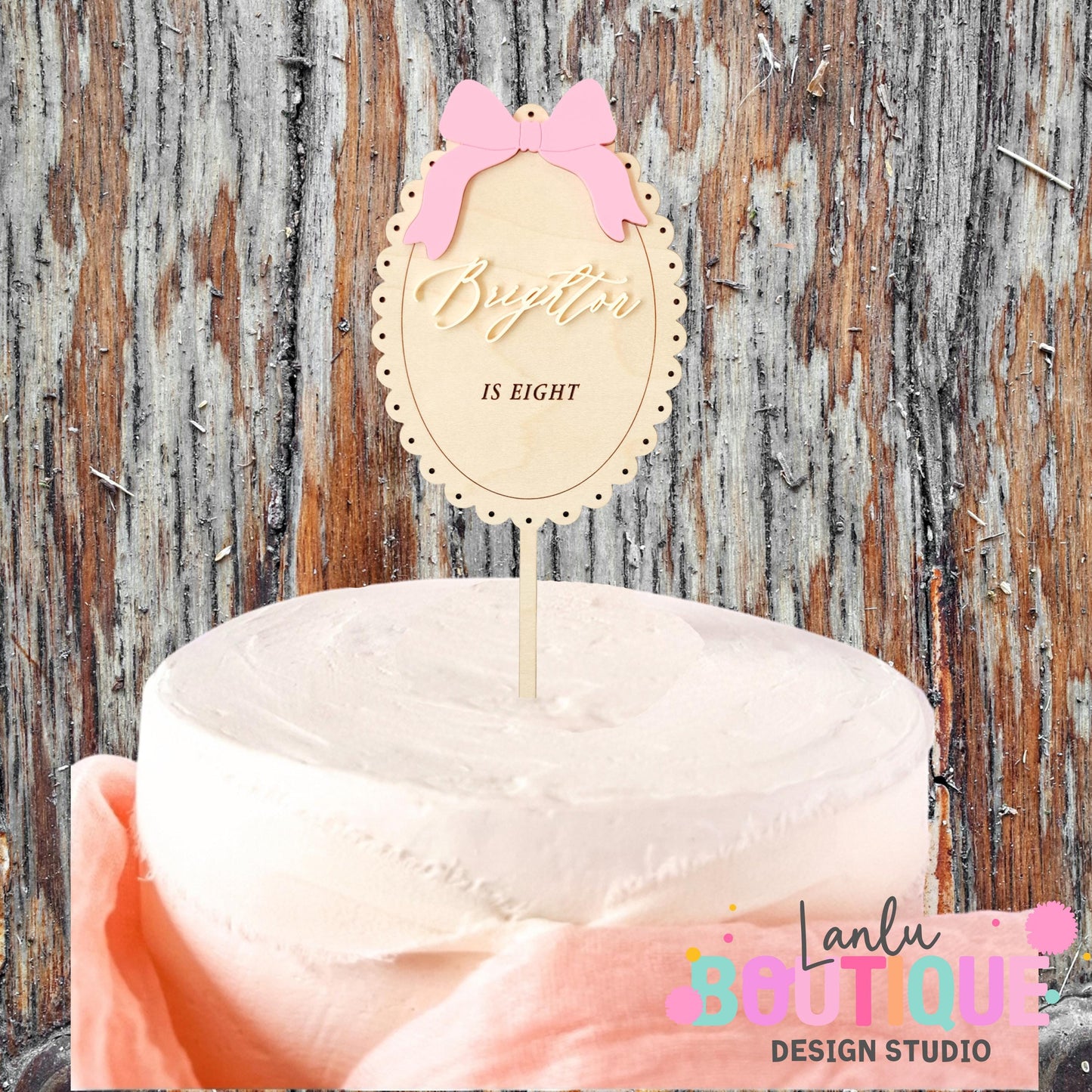 Bow Scalloped Wooden Birthday Cake Topper - Customizable Birthday Party Decoration