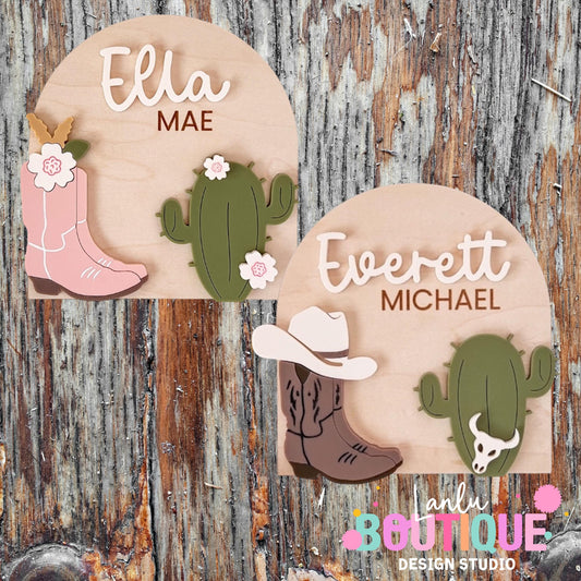 Western Arch Name Decor - Custom Cowboy Boot Cactus Wall Art for Nursery or Kids' Room