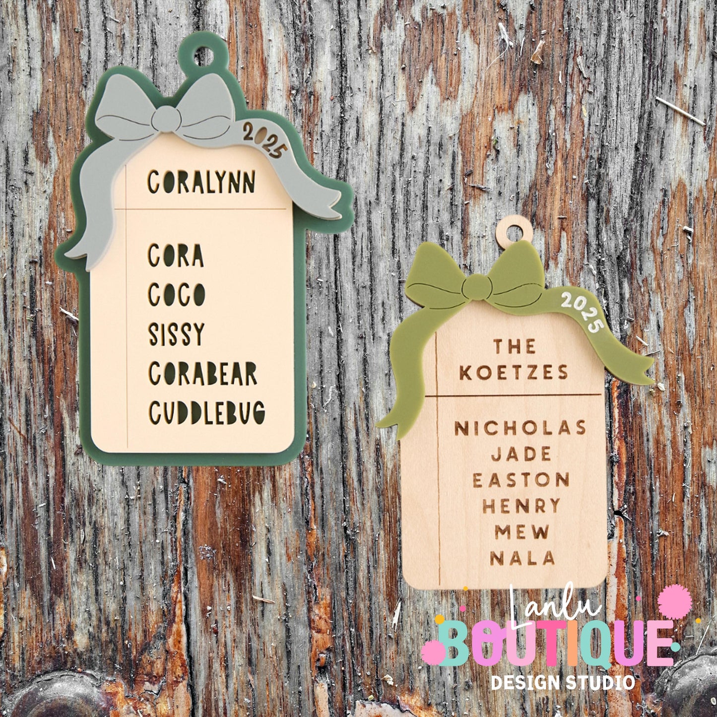 Family Christmas Ornament 2023 - Custom Names Holiday Gift - Festive Wood Decoration