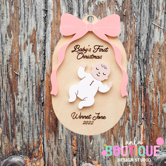 Baby’s First Christmas Ornament - Custom Wooden Keepsake with Name and Year
