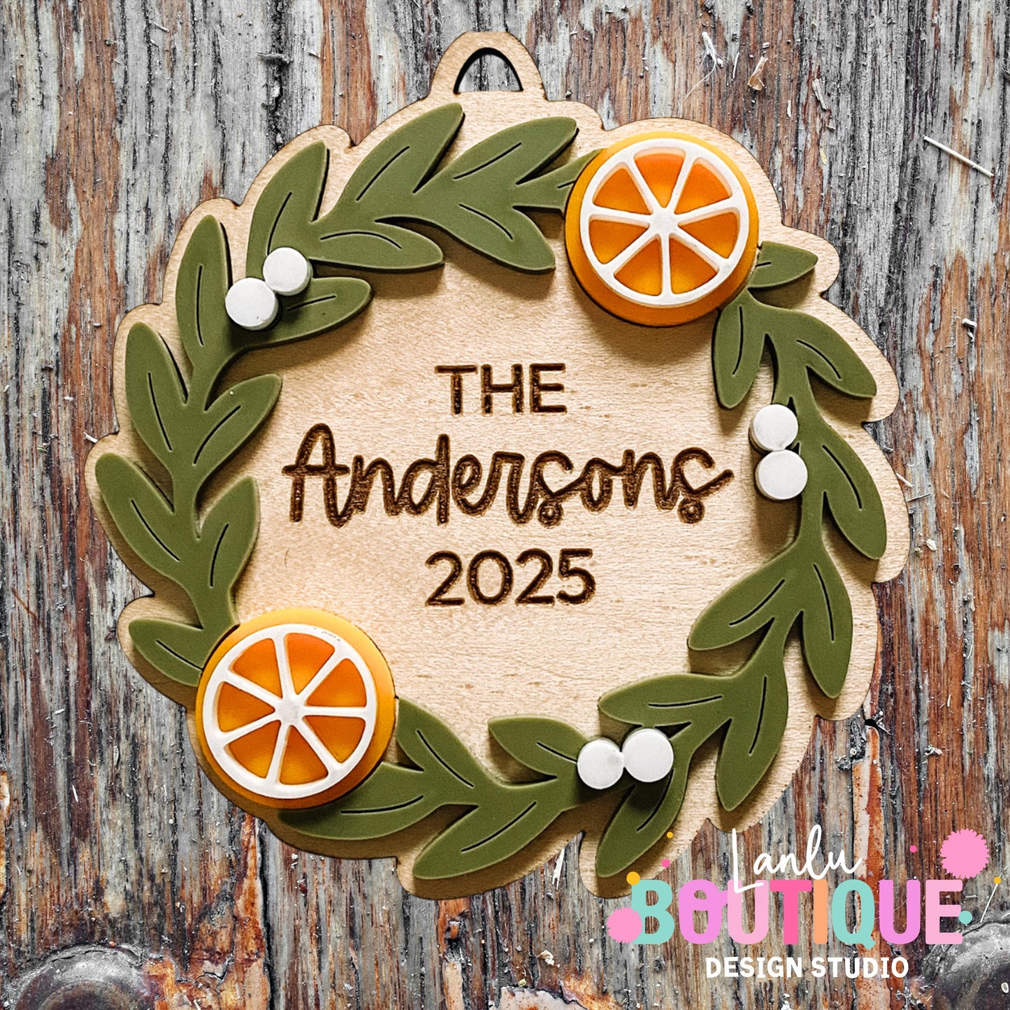 Orange Wreath Christmas Ornament - Custom Family Name Holiday Decor
