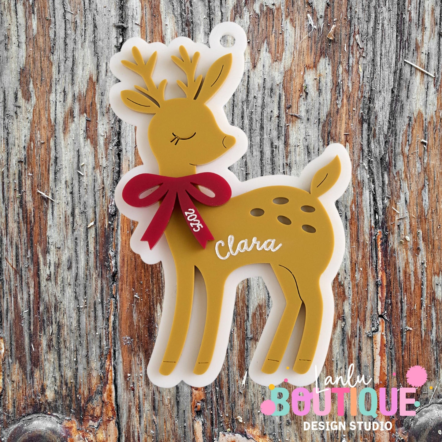 Deer Christmas Ornament - Custom Holiday Reindeer Decoration with Name and Year
