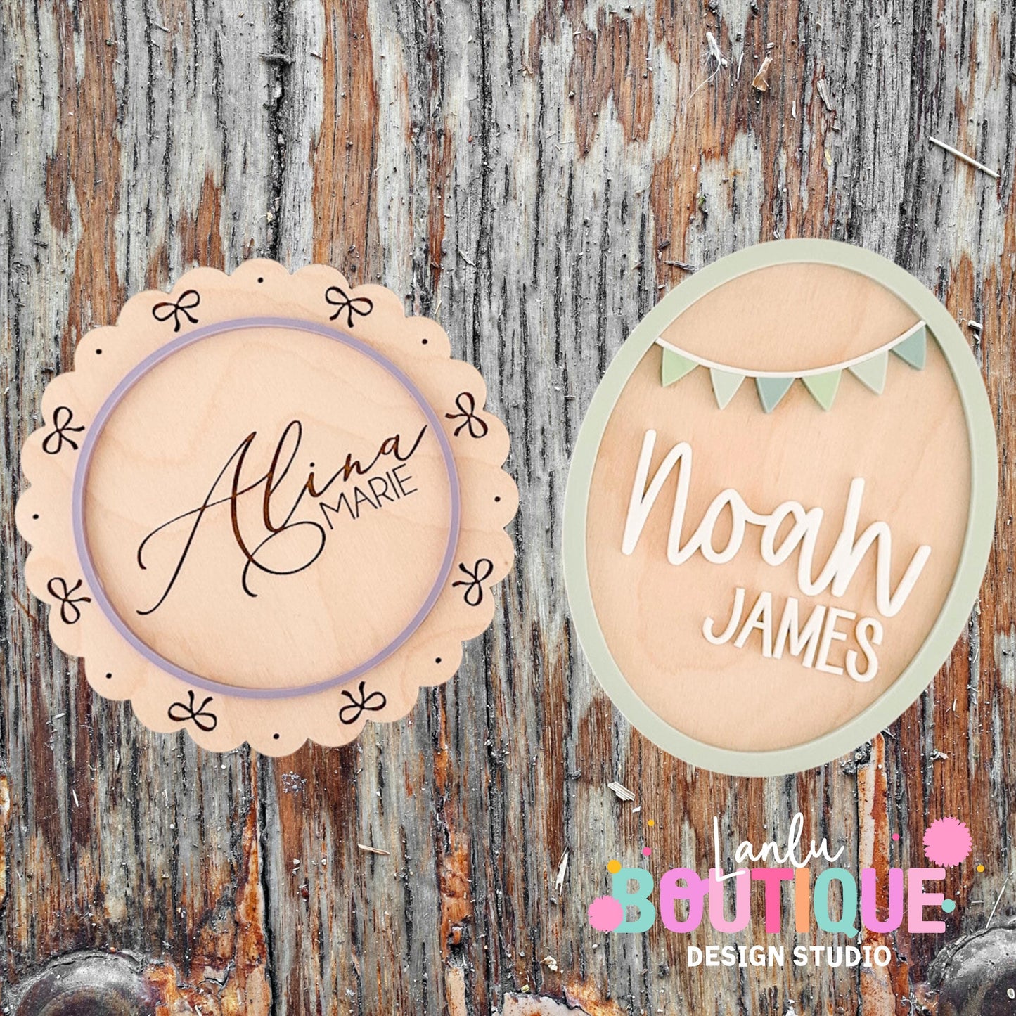 Bow Banner Oval Round Name Sign - Custom Wooden Nursery Wall Decor